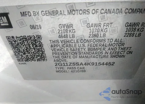 2019 Chevrolet Impala Lt из США, поврежденный, VIN 2G11Z5SA4K9154452